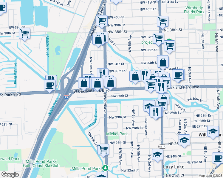 map of restaurants, bars, coffee shops, grocery stores, and more near in Wilton Manors