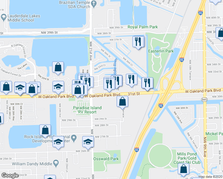 map of restaurants, bars, coffee shops, grocery stores, and more near 1821 West Oakland Park Boulevard in Oakland Park