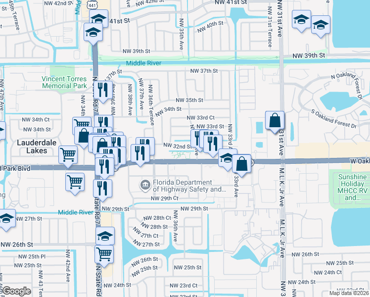 map of restaurants, bars, coffee shops, grocery stores, and more near in Lauderdale Lakes