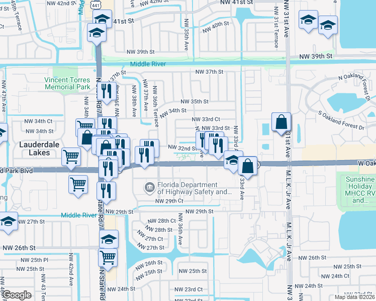 map of restaurants, bars, coffee shops, grocery stores, and more near in Lauderdale Lakes