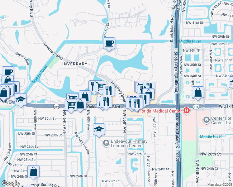 map of restaurants, bars, coffee shops, grocery stores, and more near 3101 Enclave Way in Lauderhill