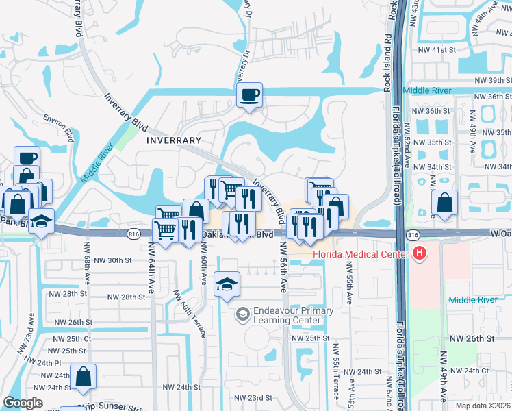 map of restaurants, bars, coffee shops, grocery stores, and more near 5666 Enclave Place in Lauderhill