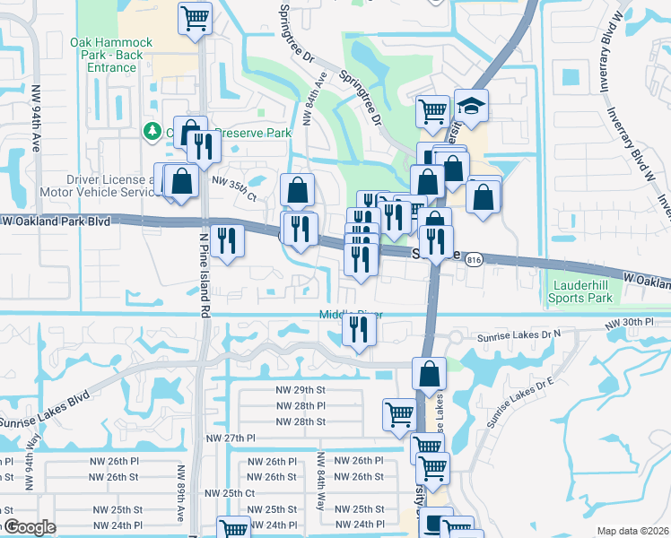 map of restaurants, bars, coffee shops, grocery stores, and more near 3168 Northwest 84th Avenue in Sunrise