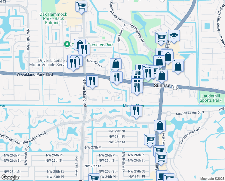 map of restaurants, bars, coffee shops, grocery stores, and more near 3186 Center Court in Sunrise