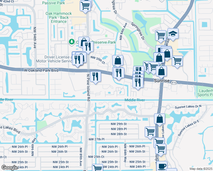 map of restaurants, bars, coffee shops, grocery stores, and more near 3246 Northwest 88th Avenue in Sunrise