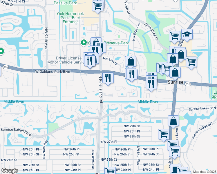 map of restaurants, bars, coffee shops, grocery stores, and more near 3158 Northwest 88th Avenue in Sunrise