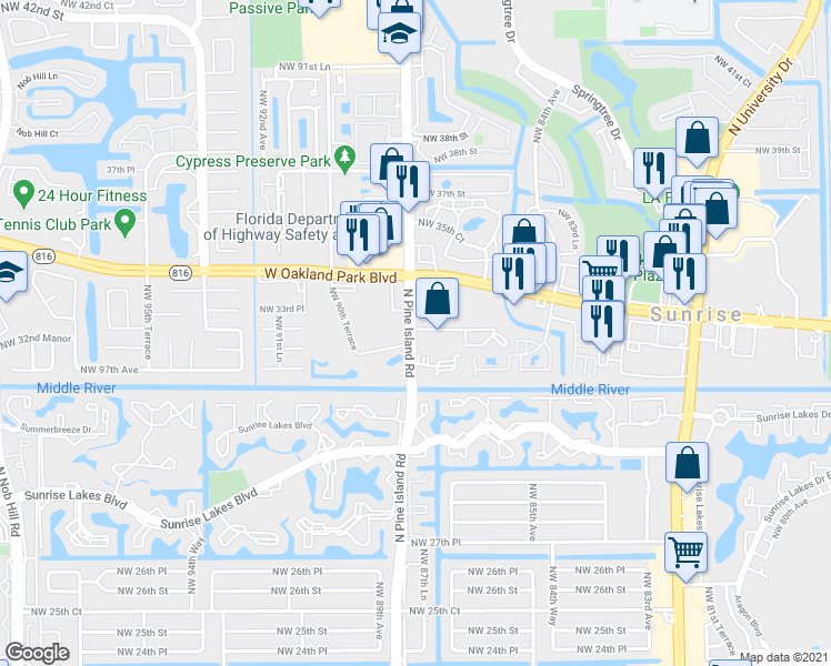 map of restaurants, bars, coffee shops, grocery stores, and more near in Sunrise