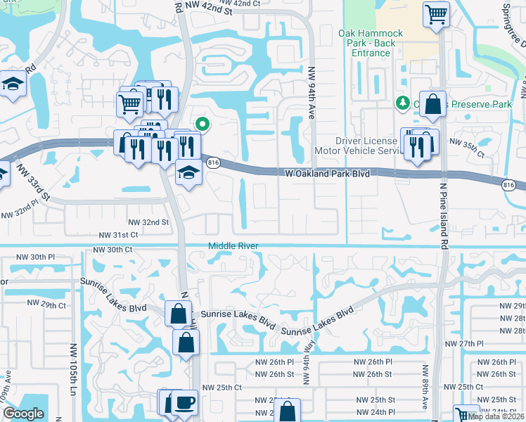 map of restaurants, bars, coffee shops, grocery stores, and more near 9531 Northwest 32nd Court in Sunrise