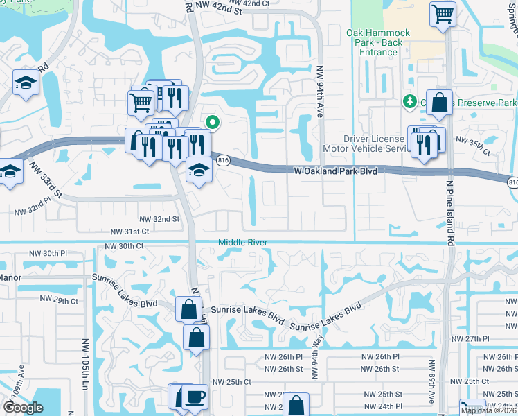 map of restaurants, bars, coffee shops, grocery stores, and more near 3200 Northwest 97th Avenue in Sunrise