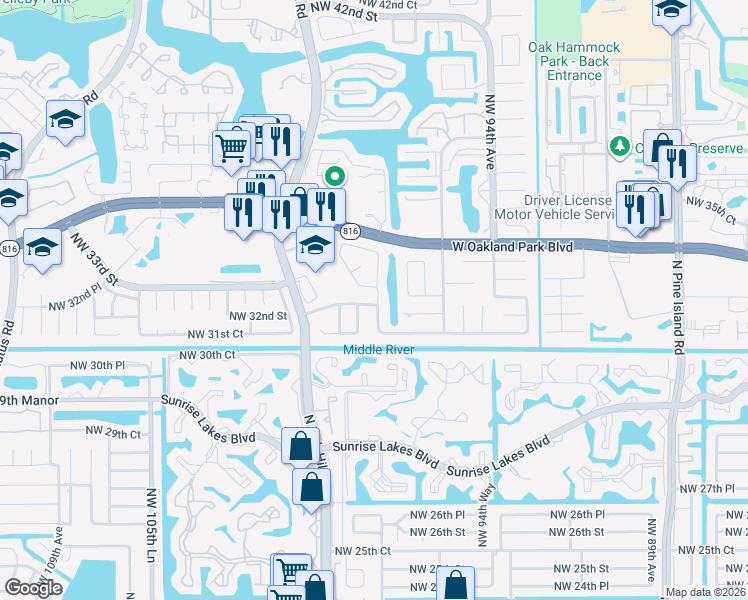 map of restaurants, bars, coffee shops, grocery stores, and more near 3200 Northwest 97th Avenue in Sunrise