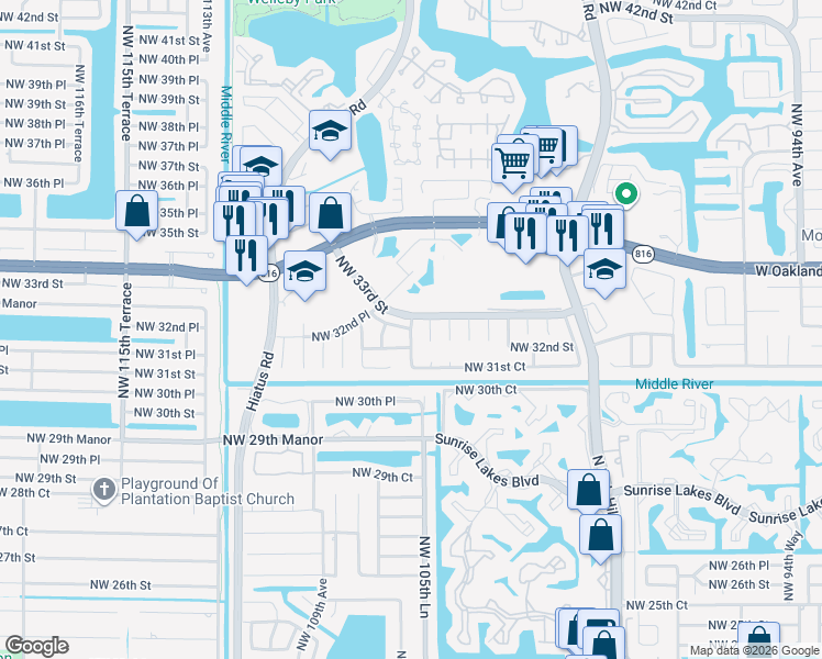 map of restaurants, bars, coffee shops, grocery stores, and more near 3220 Northwest 106th Avenue in Sunrise