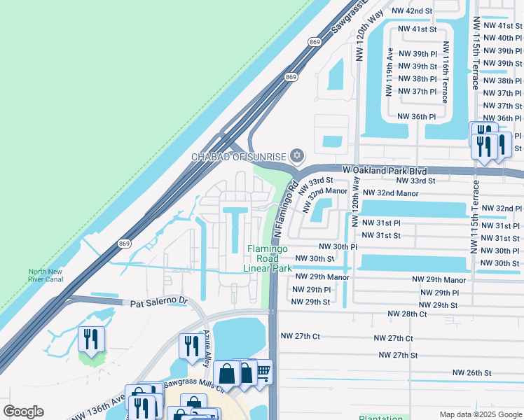map of restaurants, bars, coffee shops, grocery stores, and more near 12500 Northwest 32nd Manor in Sunrise