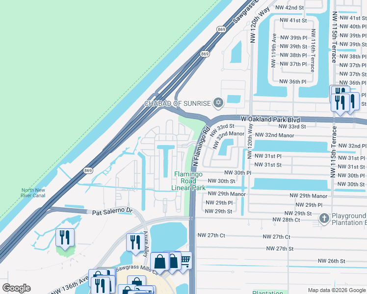 map of restaurants, bars, coffee shops, grocery stores, and more near 12500 Northwest 32nd Manor in Sunrise