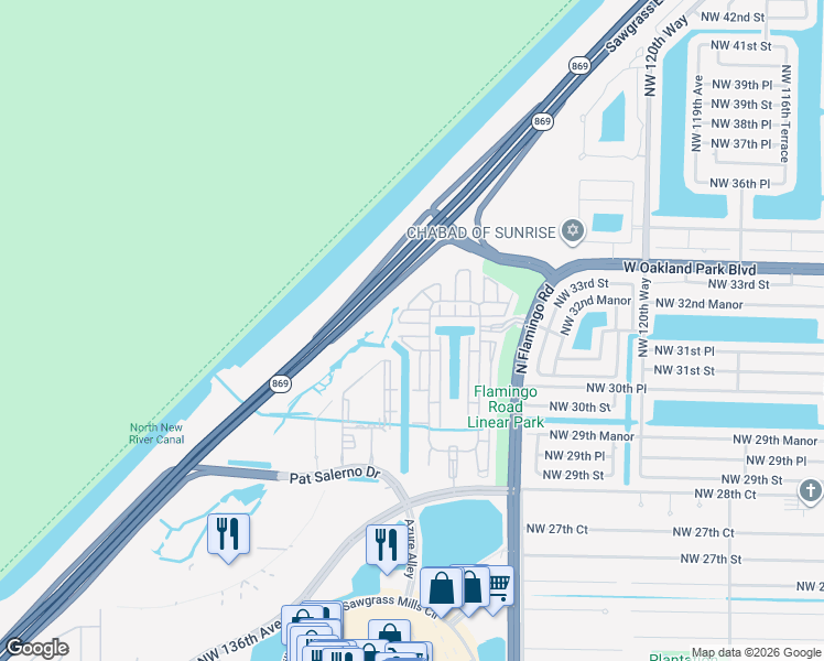 map of restaurants, bars, coffee shops, grocery stores, and more near 12699 Northwest 32nd Court in Sunrise