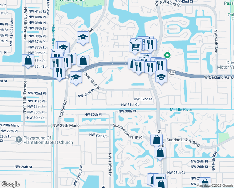 map of restaurants, bars, coffee shops, grocery stores, and more near 3224 Northwest 104th Terrace in Sunrise