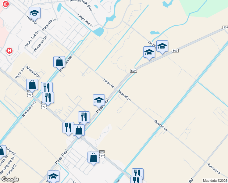 map of restaurants, bars, coffee shops, grocery stores, and more near 499 Farm To Market 509 in San Benito