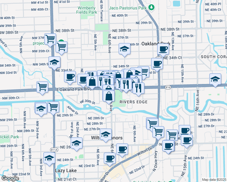 map of restaurants, bars, coffee shops, grocery stores, and more near 600 East Oakland Park Boulevard in Oakland Park