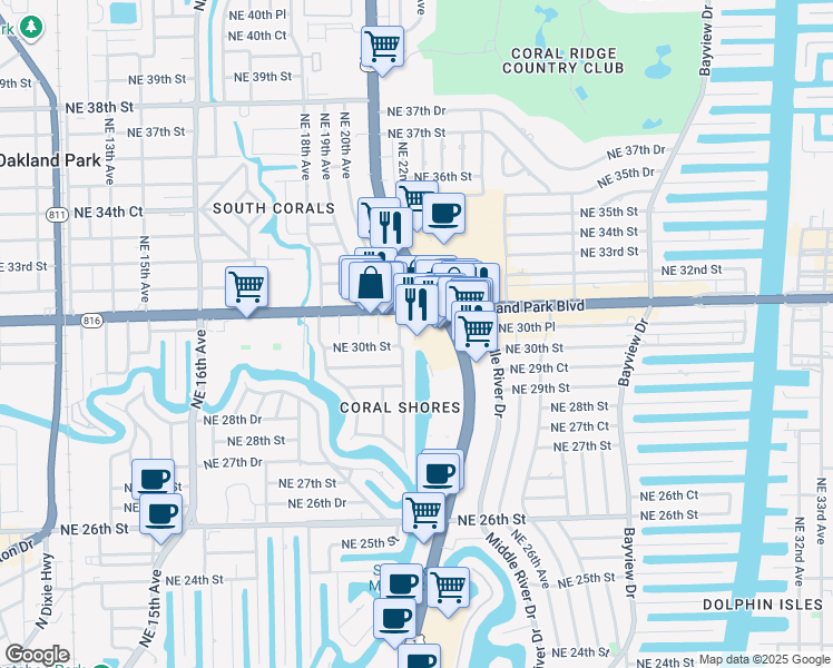 map of restaurants, bars, coffee shops, grocery stores, and more near 3045 North Federal Highway in Fort Lauderdale