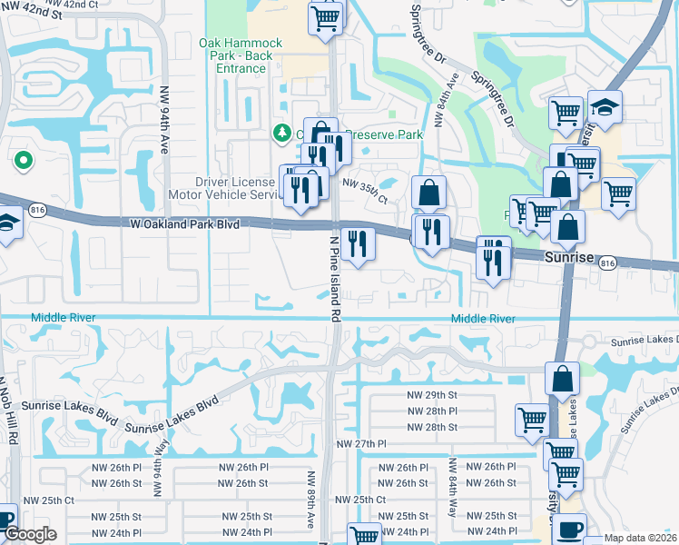 map of restaurants, bars, coffee shops, grocery stores, and more near in Sunrise