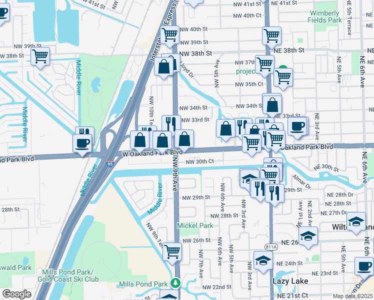 map of restaurants, bars, coffee shops, grocery stores, and more near in Wilton Manors