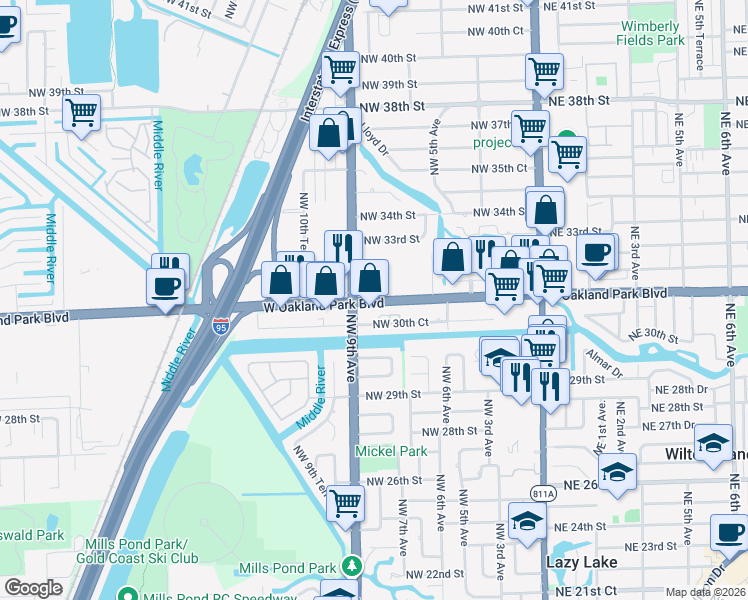 map of restaurants, bars, coffee shops, grocery stores, and more near in Wilton Manors