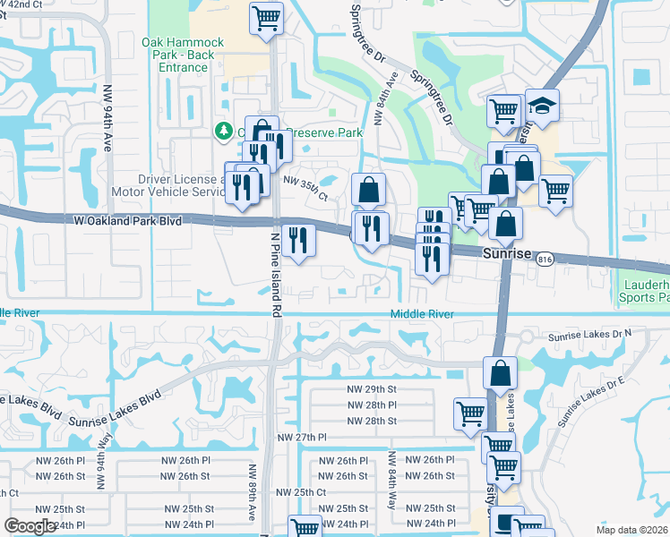 map of restaurants, bars, coffee shops, grocery stores, and more near 3246 Northwest 88th Avenue in Sunrise