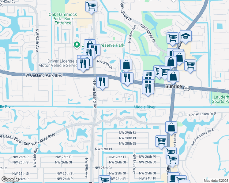 map of restaurants, bars, coffee shops, grocery stores, and more near 3246 Northwest 88th Avenue in Sunrise