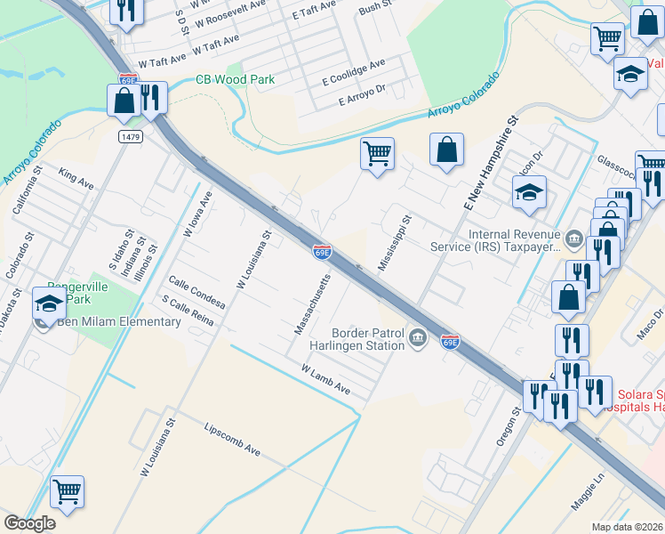 map of restaurants, bars, coffee shops, grocery stores, and more near 101 Massachusetts in Harlingen