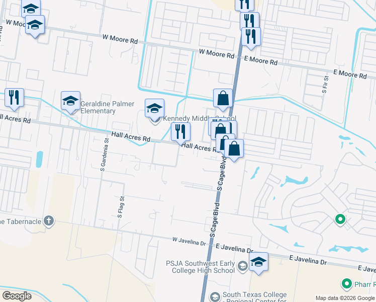 map of restaurants, bars, coffee shops, grocery stores, and more near 309 West Hall Acres Road in Pharr