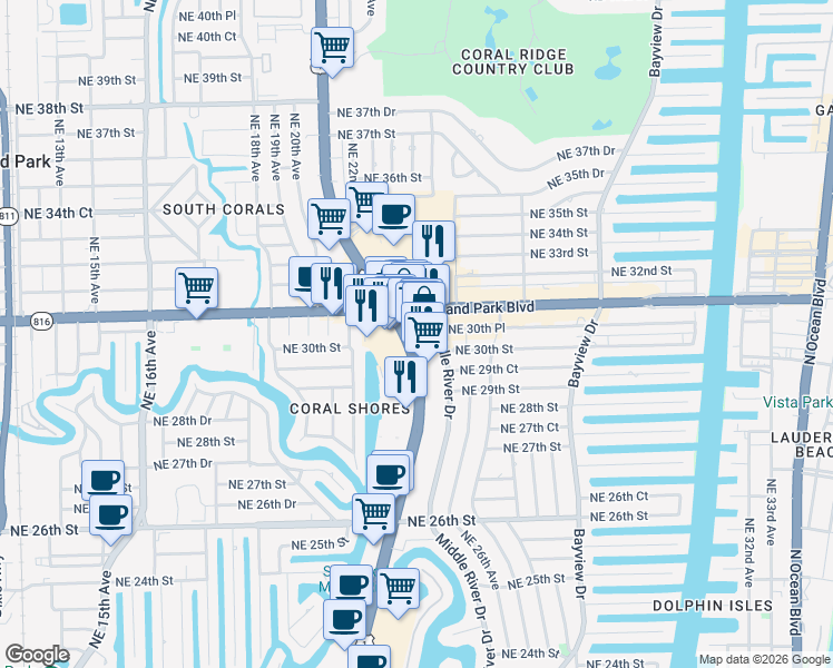 map of restaurants, bars, coffee shops, grocery stores, and more near in Fort Lauderdale