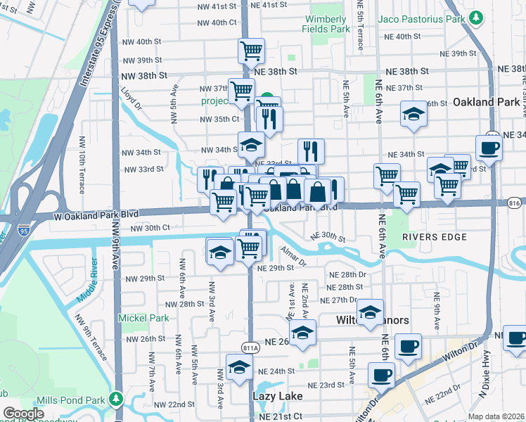map of restaurants, bars, coffee shops, grocery stores, and more near 50 Northeast 30th Court in Wilton Manors