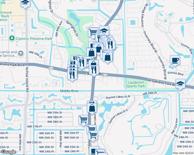 map of restaurants, bars, coffee shops, grocery stores, and more near 3260 North University Drive in Sunrise