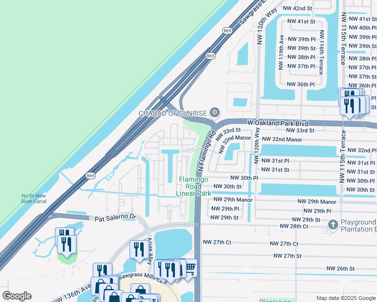 map of restaurants, bars, coffee shops, grocery stores, and more near 12500 Northwest 32nd Manor in Sunrise