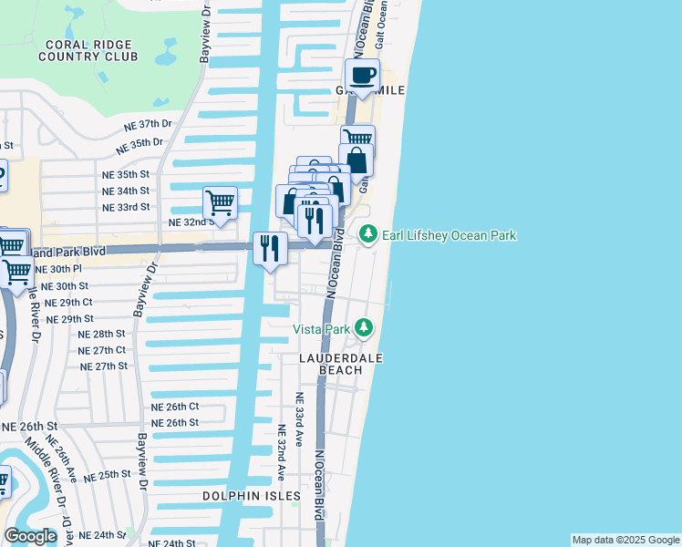map of restaurants, bars, coffee shops, grocery stores, and more near 3025 Center Avenue in Fort Lauderdale