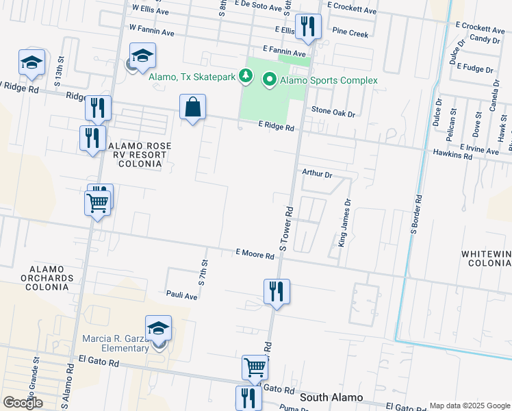 map of restaurants, bars, coffee shops, grocery stores, and more near 1011 South Tower Road in Alamo
