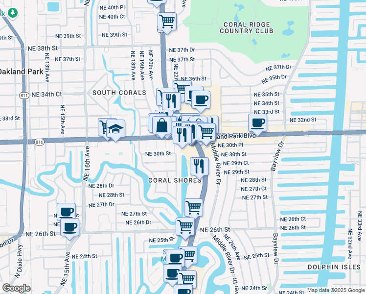 map of restaurants, bars, coffee shops, grocery stores, and more near 3045 North Federal Highway in Fort Lauderdale