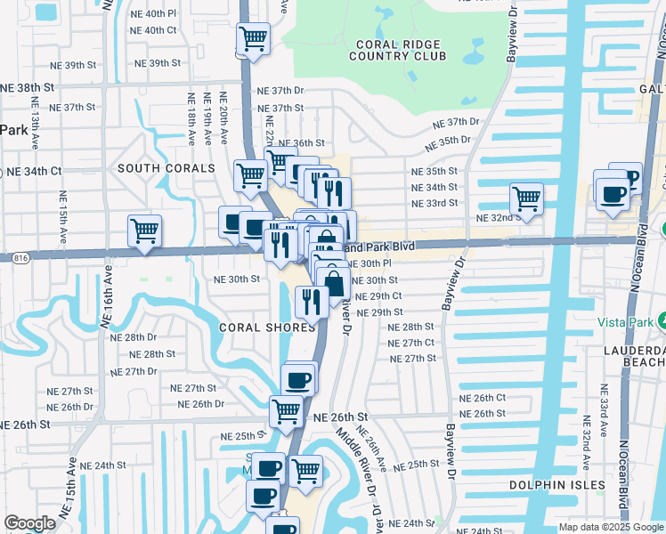 map of restaurants, bars, coffee shops, grocery stores, and more near 3000 North Federal Highway in Fort Lauderdale