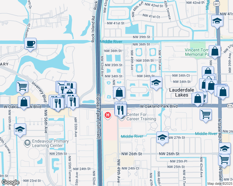 map of restaurants, bars, coffee shops, grocery stores, and more near 5001 West Oakland Park Boulevard in Lauderdale Lakes