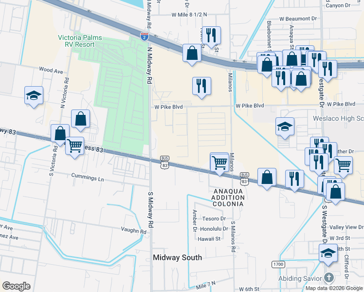 map of restaurants, bars, coffee shops, grocery stores, and more near 3318 West Business 83 in Weslaco