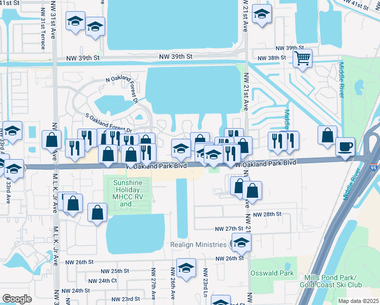 map of restaurants, bars, coffee shops, grocery stores, and more near 2351 West Oakland Park Boulevard in Oakland Park