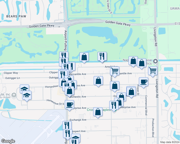 map of restaurants, bars, coffee shops, grocery stores, and more near 3581 Mercantile Avenue in Naples