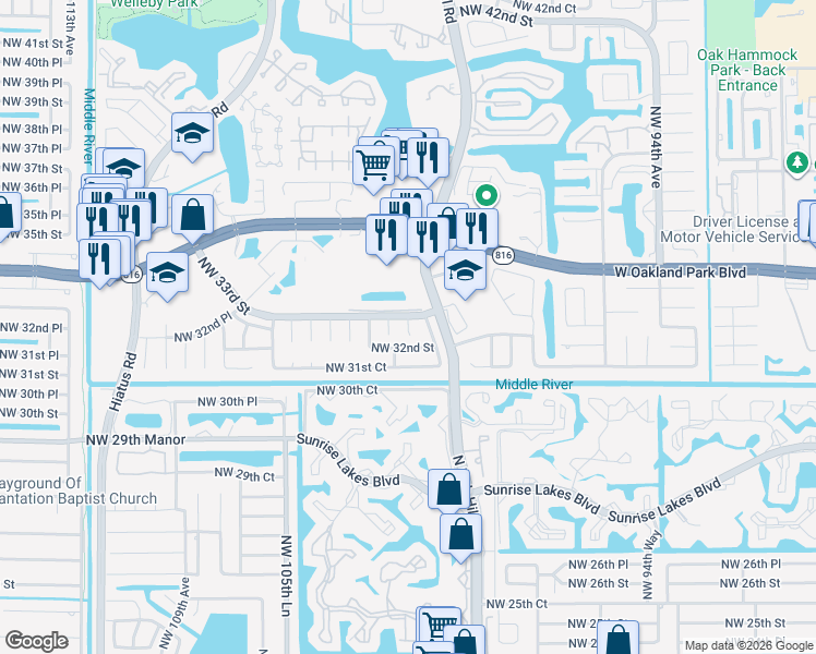 map of restaurants, bars, coffee shops, grocery stores, and more near 3224 Northwest 102nd Avenue in Sunrise