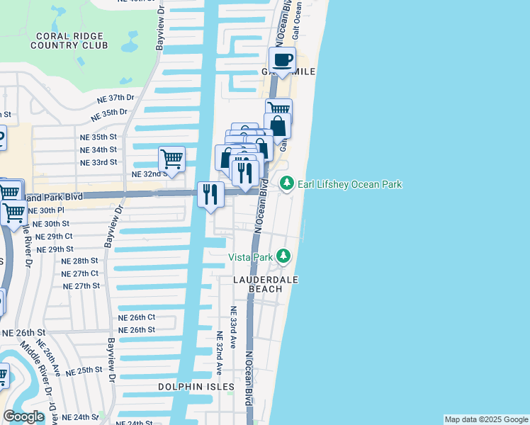 map of restaurants, bars, coffee shops, grocery stores, and more near 3025 Center Avenue in Fort Lauderdale