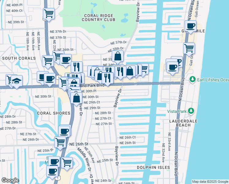 map of restaurants, bars, coffee shops, grocery stores, and more near 2741 Northeast 30th Street in Fort Lauderdale