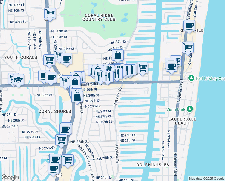 map of restaurants, bars, coffee shops, grocery stores, and more near 2741 Northeast 30th Street in Fort Lauderdale