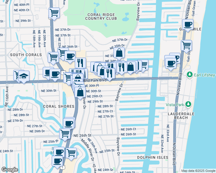 map of restaurants, bars, coffee shops, grocery stores, and more near 2741 Northeast 30th Street in Fort Lauderdale