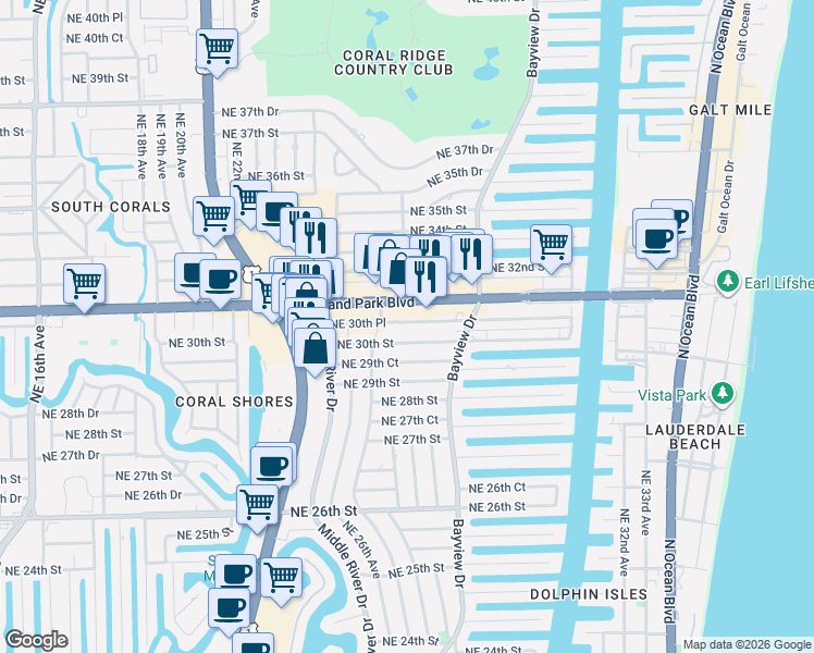 map of restaurants, bars, coffee shops, grocery stores, and more near 2701 Northeast 30th Street in Fort Lauderdale
