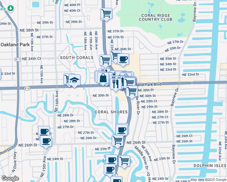 map of restaurants, bars, coffee shops, grocery stores, and more near 3000 Northeast 21st Terrace in Fort Lauderdale