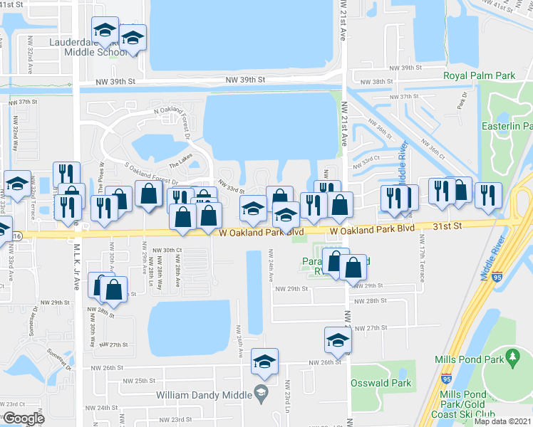 map of restaurants, bars, coffee shops, grocery stores, and more near 2351 West Oakland Park Boulevard in Oakland Park
