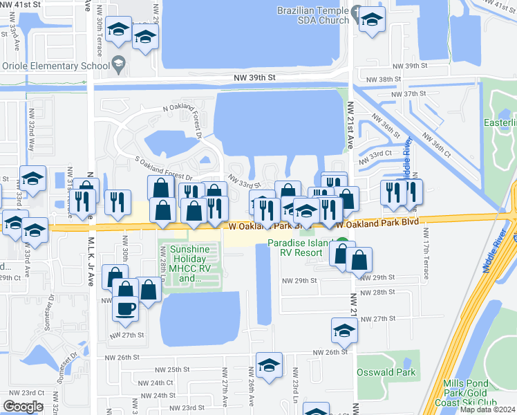 map of restaurants, bars, coffee shops, grocery stores, and more near 2499 Northwest 31st Court in Oakland Park